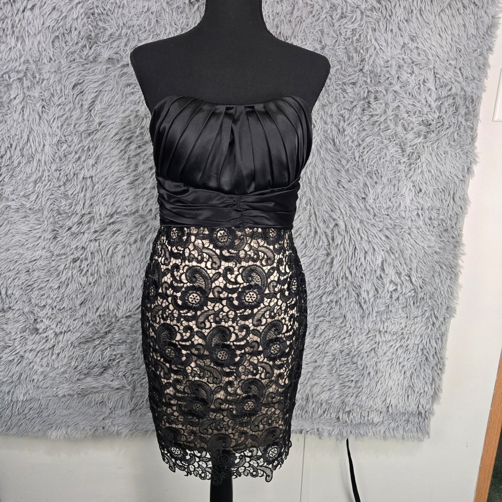 Sequinze Strapless Cocktail Dress Women S Black Tan Floral Lace Satin Pleated - Picture 1 of 6